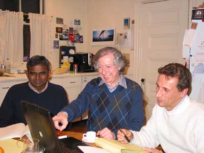 Kitchen Cabinet: Rajan Hoole, Arthur, and Christian Jkel working in Arthur's kitchen on February 25, 2005 